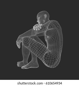 Man in a Thinker Pose. 3D Model of Man. Geometric Design. Human Body Wire Model. Business, Science, Psychology or Philosophy Vector Illustration. 