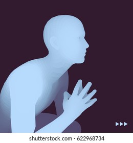 Man in a Thinker Pose. 3D Model of Man. Business, Science, Psychology or Philosophy Vector Illustration. 