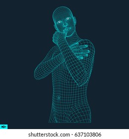 Man in a Thinker Pose. 3D Model of Man. Geometric Design. Business, Science, Psychology or Philosophy Vector Illustration. 