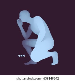 Man in a Thinker Pose. 3D Model of Man. Business, Science, Psychology or Philosophy Vector Illustration. 