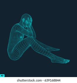 Man in a Thinker Pose. 3D Model of Man. Geometric Design. Business, Science, Psychology or Philosophy Vector Illustration. 