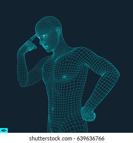 Man in a Thinker Pose. 3D Model of Man. Geometric Design. Business, Science, Psychology or Philosophy Vector Illustration. 