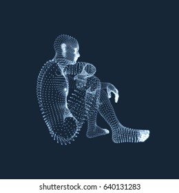 Man in a thinker pose. 3D model of man. Business, science, psychology or philosophy Vector illustration. 
