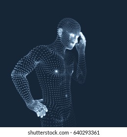 Man in a Thinker Pose. 3D Model of Man. Geometric Design. Business, Science, Psychology or Philosophy Vector Illustration. 