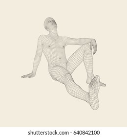 Man in a Thinker Pose. 3D Model of Man. Geometric Design. Human Body Wire Model. Business, Science, Psychology or Philosophy Vector Illustration. 