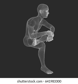 Man in a Thinker Pose. 3D Model of Man. Geometric Design. Human Body Wire Model. Business, Science, Psychology or Philosophy Vector Illustration. 