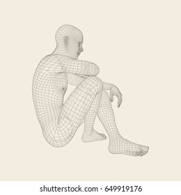 Man in a Thinker Pose. 3D Model of Man. Geometric Design. Human Body Wire Model. Business, Science, Psychology or Philosophy Vector Illustration. 