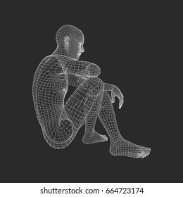 Man in a Thinker Pose. 3D Model of Man. Geometric Design. Human Body Wire Model. Business, Science, Psychology or Philosophy Vector Illustration. 