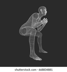 Hombre en una rosa pensadora. Modelo 3D de hombre. Diseño Geométrico. Modelo de cable corporal humano. Ilustración de Vectores de Negocios, Ciencia, Psicología o Filosofía. 