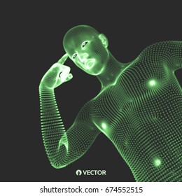 Man in a thinker pose. 3d model of man. Geometric design. Business, science, psychology or philosophy vector illustration.