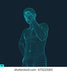 Man in a Thinker Pose. 3D Model of Man. Geometric Design. Business, Science, Psychology or Philosophy Vector Illustration. 