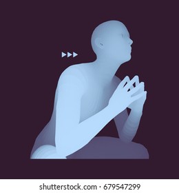 Man in a Thinker Pose. 3D Model of Man. Business, Science, Psychology or Philosophy Vector Illustration. 