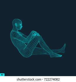 Man In A Thinker Pose. 3d Model Of Man. Geometric Design. Human Body Wire Model. Business, Science, Psychology Or Philosophy Vector Illustration.