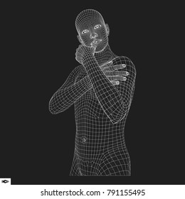 Man in a Thinker Pose. 3D Model of Man. Geometric Design. Business, Science, Psychology or Philosophy Vector Illustration. 