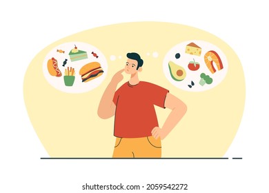 Man thinkig about food choises. Person deciding what to eat between healthy and unhealthy options. Junk food, diet and nutrition concept. Modern flat vector illustration