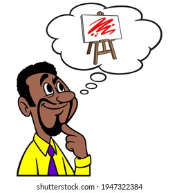 Man thinking about Art Class - A cartoon illustration of a man thinking about taking an Art Class.