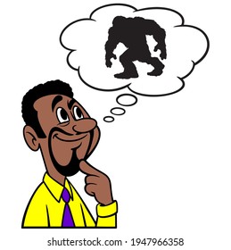 Man thinking about Bigfoot - A cartoon illustration of a man thinking about the possibility of Bigfoot being real.