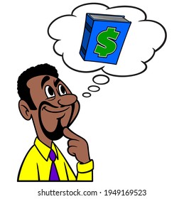 Man thinking about Blue Book Value - A cartoon illustration of a man thinking about Blue Book Value.