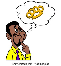 Man thinking about Brass Knuckles - A cartoon illustration of a man thinking about Brass Knuckles.