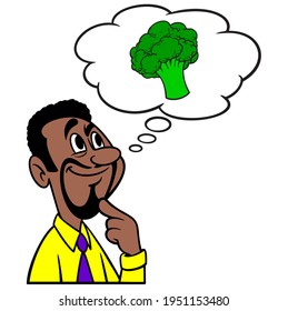 Hombre pensando en el brócoli - Un dibujo de un hombre que piensa en comer brócoli orgánico.