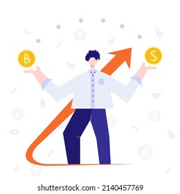 Hombre pensando en comprar bitcoin. Carácter masculino de pie con signo de interrogación y símbolos de moneda ilustración vectorial plana
