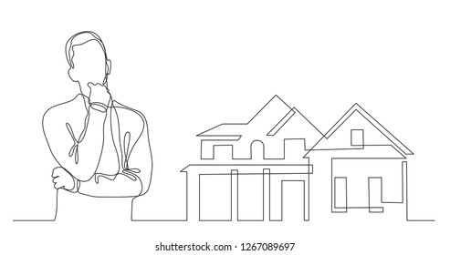 man thinking about buying his own home - continuous line drawing