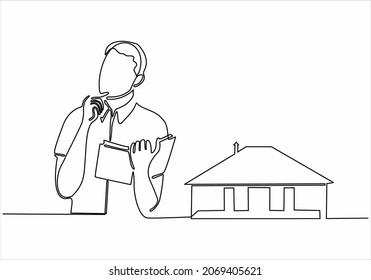 
man thinking about buying his own house - sustainable line drawing