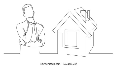 man thinking about buying house - continuous line drawing