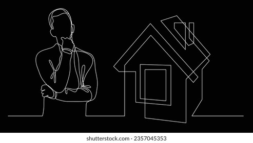 man thinking about buying house - continuous line drawing