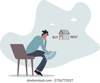 Ein Mann denkt über Kauf oder Vermietung real estate.life und Beschäftigung von Menschen.