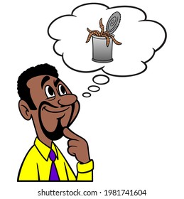 Hombre pensando en un Can of Worms - Una caricatura ilustrativa de un hombre pensando en una lata de gusanos.