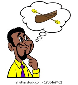 Man thinking about a Canoe and Paddles - A cartoon illustration of a man thinking about a weekend Canoe Trip.