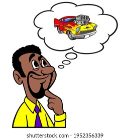 Man thinking about a Car Show - A cartoon illustration of a man thinking about a Car Show.
