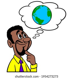 Man thinking about Climate Change Conspiracy - A cartoon illustration of a man thinking about Climate Change Conspiracy.