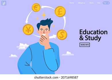Man thinking about currency rate. accounting, chart showing growth, online and banking with dollar signs and coins. Businesman analyzes market. vector illustration