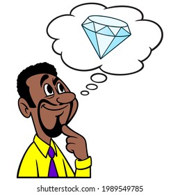 Hombre pensando en un Diamante - Dibujo de un hombre que piensa en comprar un Diamante enorme.