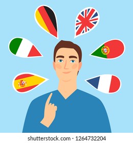 Man thinking about different languages and countries. Educational and travel illustration for your design.