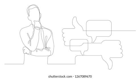 man thinking about discussion in social media - continuous line drawing