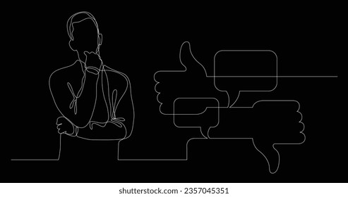 man thinking about discussion in social media - continuous line drawing