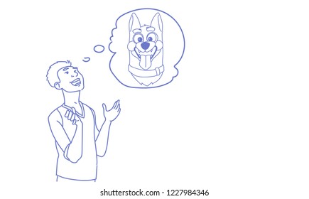 Man thinking about dog dream concept sketch doodle horizontal vector illustration