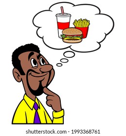 Man thinking about Fast Food - A cartoon illustration of a man thinking about Fast Food.