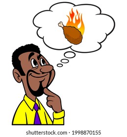 Man thinking about a flaming Hot Wing- A cartoon illustration of a man thinking about a flaming Hot Wing.