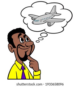 Hombre pensando en un vuelo - Una caricatura ilustrativa de un hombre pensando en un vuelo de avión.