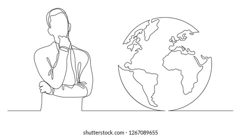 man thinking about global issues - continuous line drawing