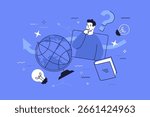 Man thinking about global learning and innovation. Education for knowledge and new ideas. Modern vector illustration for web design or advertising