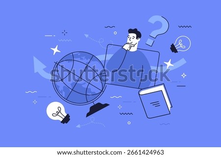 Man thinking about global learning and innovation. Education for knowledge and new ideas. Modern vector illustration for web design or advertising
