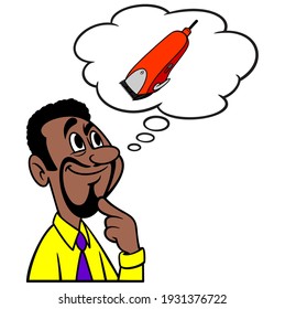 Man thinking about Hair Clippers - A cartoon illustration of a man thinking about getting his hair cut at a local barber shop.