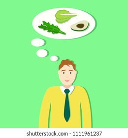 Man is thinking about healthy food. Vector illustration of avocado, broccoli and salad.