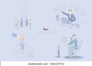 Man thinking about his employees, angry manager sitting in office, businesswoman controlled by hand, superior shouting at worker banner