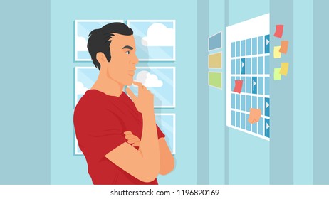 man thinking about his schedule character illustration